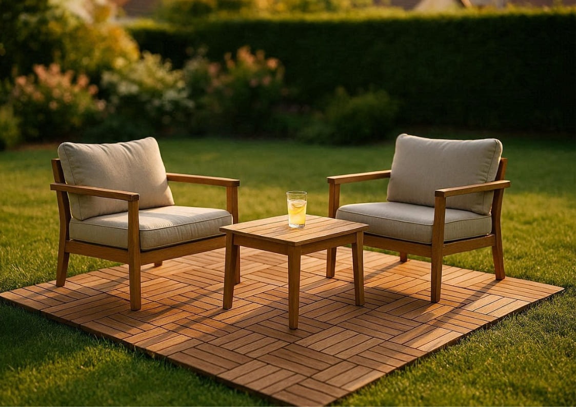 terrasse modulable en bois sur une pelouse