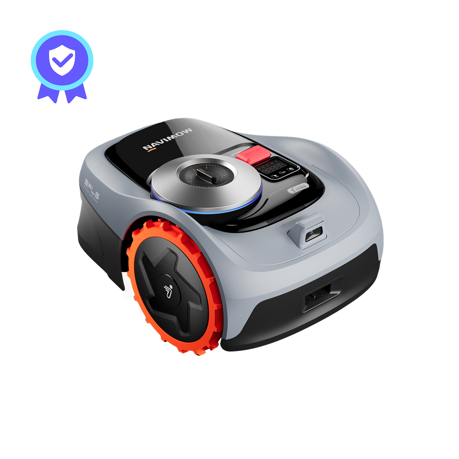 La Navimow i105E est une tondeuse robot grise et orange.