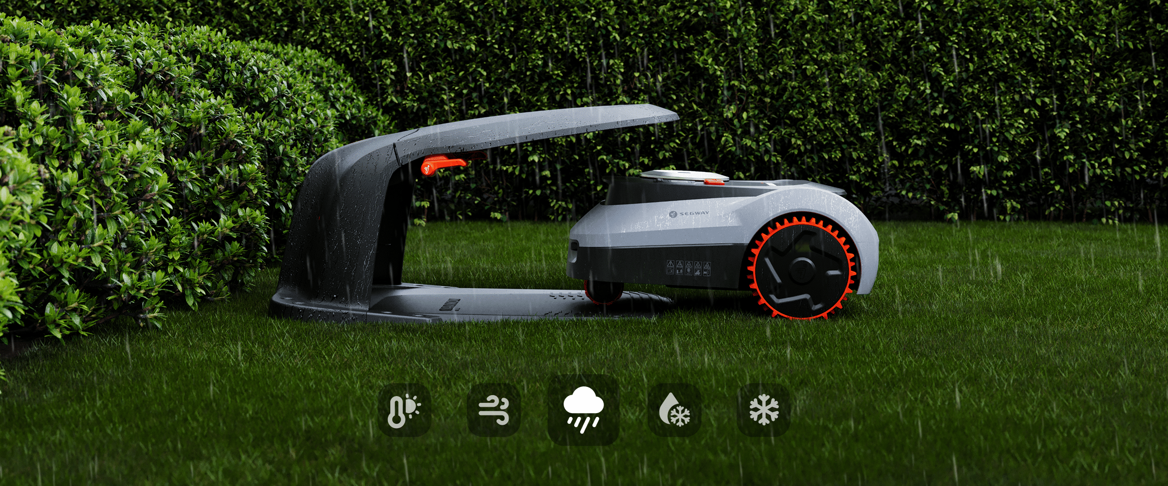 <p>Interrompt automatiquement la tonte en cas de forte pluie, de neige, de gel, de vent violent ou de chaleur extrême, puis retourne en toute sécurité à la station de base.</p>