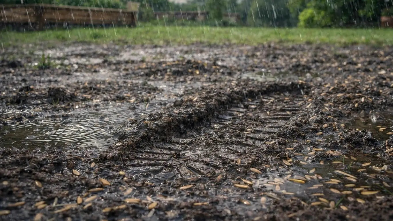 Semis du gazon après forte pluie