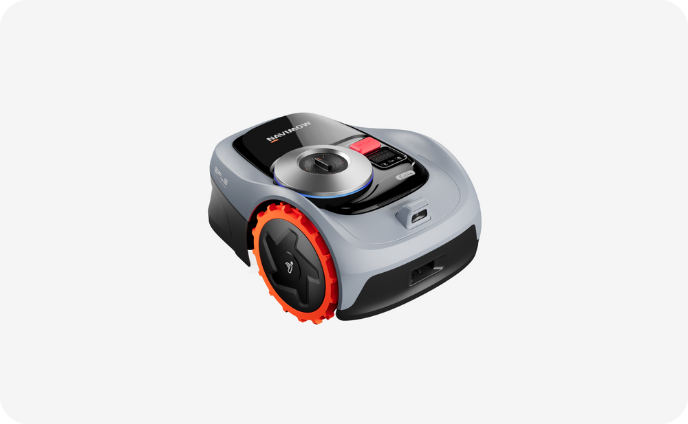 Navimow i105E robot tondeuse est gris avec des roues orange.