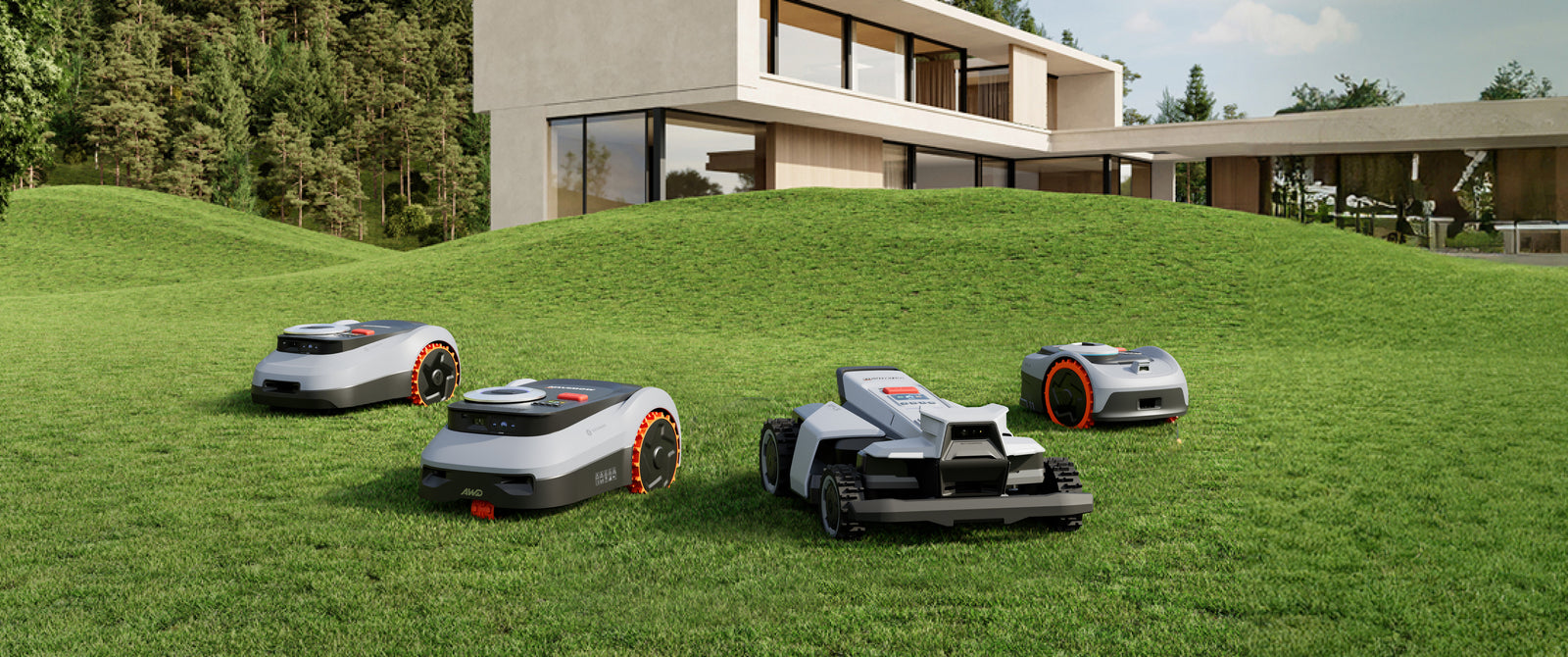 Gamme de robots tondeuses de differentes tailles alignes cote a cote