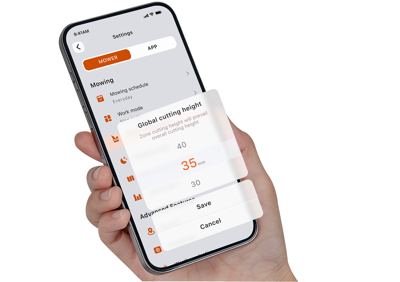 Navimow i105E robot tondeuse sur une application de téléphone portable