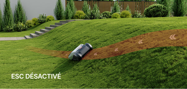 Segway Navimow i105E robot tondeuse glissant sur une pente herbeuse.