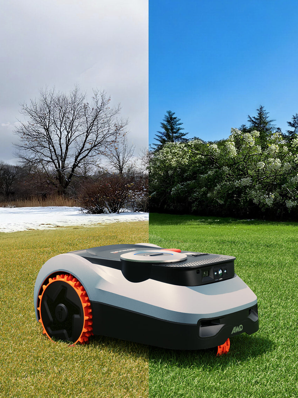 Navimow i105E robot tondeuse efficace par temps ensoleillé et neigeux.
