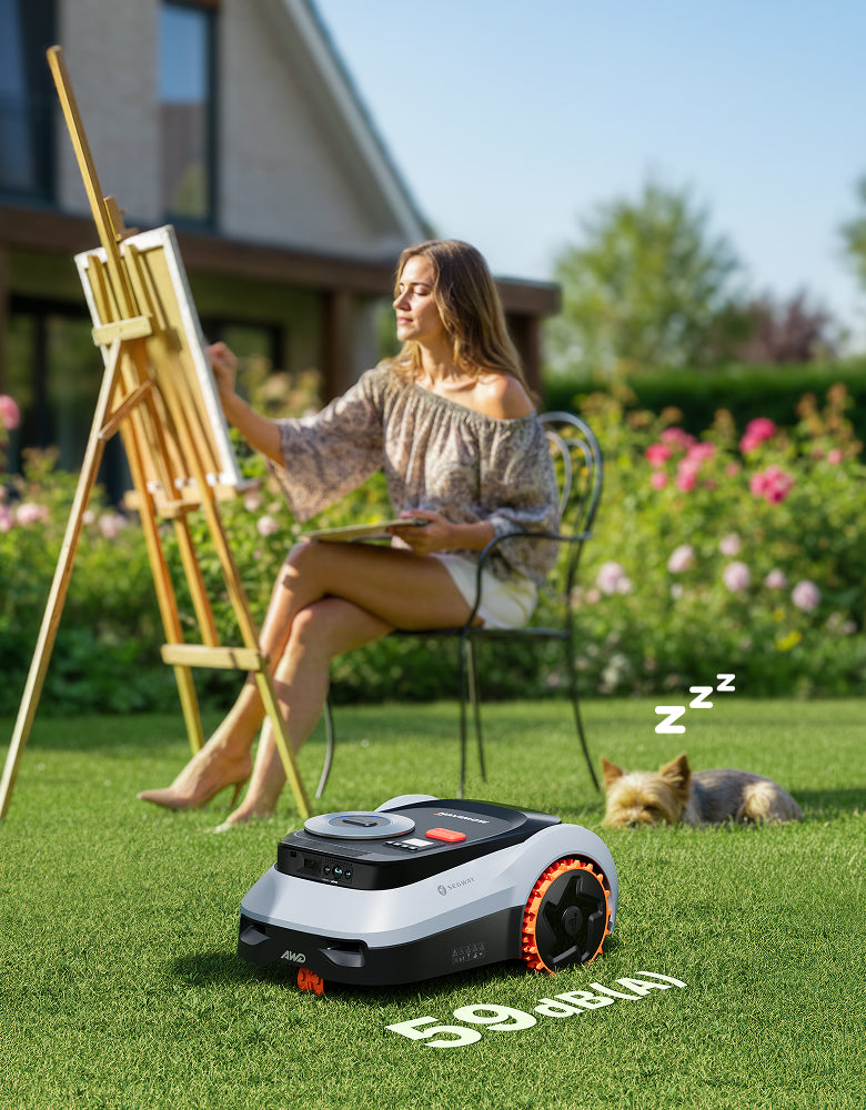 Femme peignant, chien dormant, Segway Navimow i110N AWD tondeuse robot.